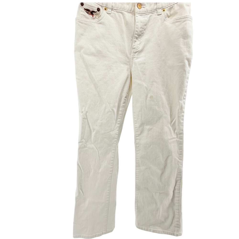American Living Womens Cream Straight Leg Stretch Pants‎ Eagle Logo Size 6